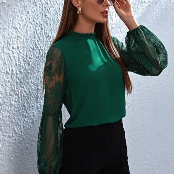 Green Floral Sheer Stripes Sleeve Minimalist Blouse - Picture 5 of 6